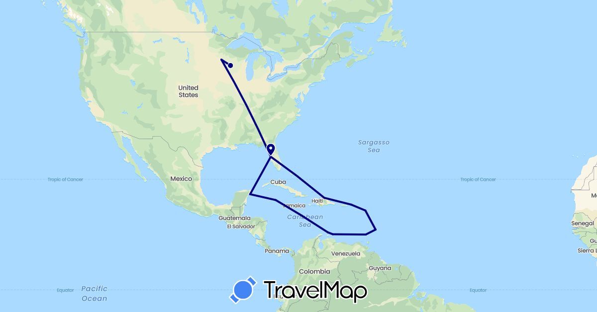 TravelMap itinerary: driving in Antigua and Barbuda, Barbados, Dominican Republic, Grenada, Cayman Islands, Mexico, Netherlands, United States (Europe, North America)